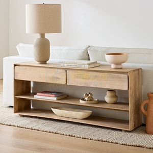 Modern Natural Wood TV <b>Unit</b> with Dual Drawers and <b>Open</b> <b>Shelves</b> Minimalist Scandinavian Entertainment Console Living Room - Product Image 1
