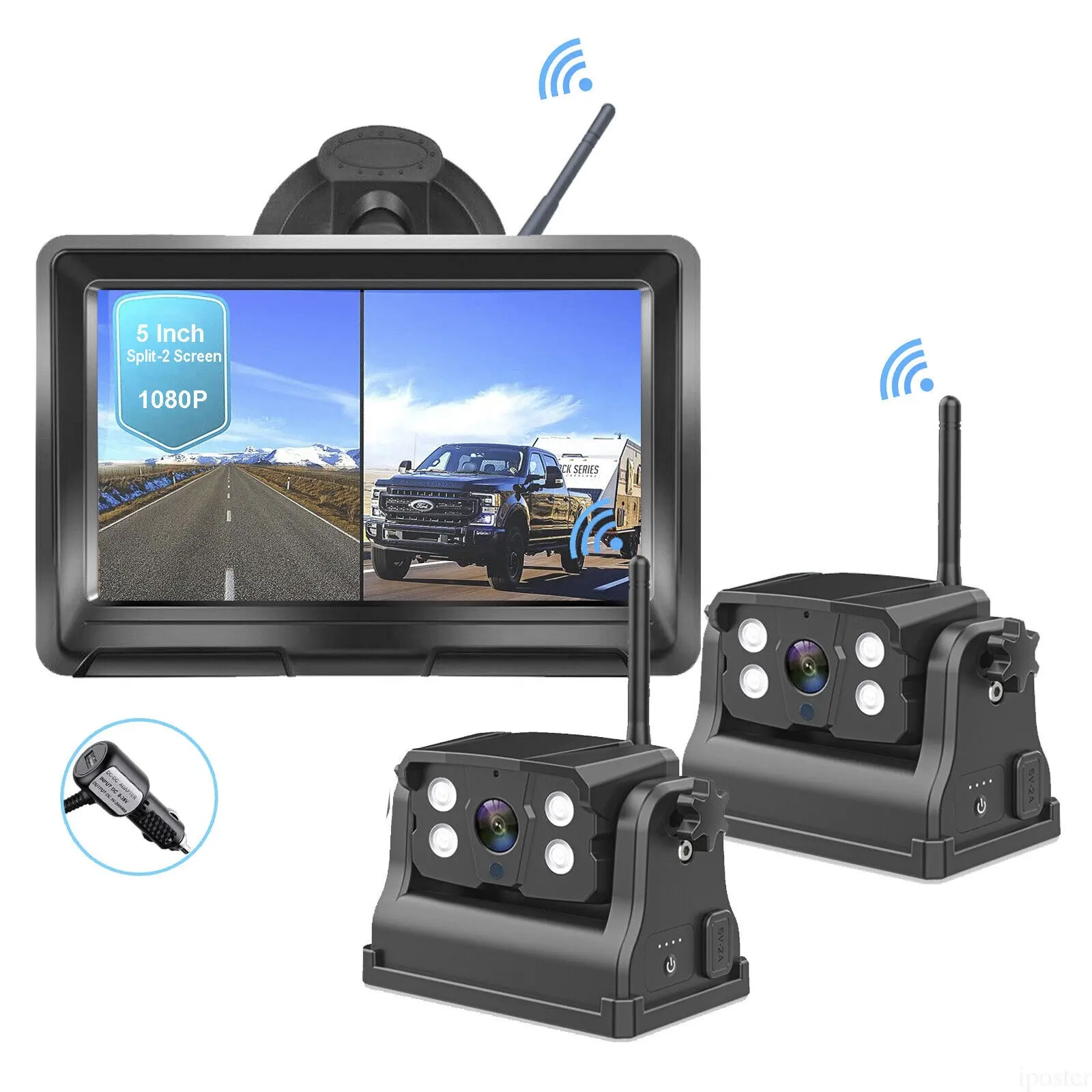 iPoster Factory supply for Trailer RV Wireless 5" Dual split AHD Monitor with 1080P Battery Powered 9600ma Magnetic camera kit