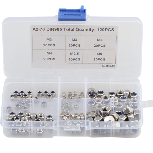 120PCS M2 M2.5 M3 M4 M5 M6 Stainless Steel 304 Hexagonal Nylon Self-locking Nut Set