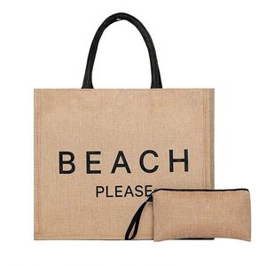 Sac de plage en jute réutilisable, grand format, imperméable, pour femmes, idéal pour les pique-niques, les courses, les voyages et les cadeaux, respectueux de l'environnement - Product Image 1