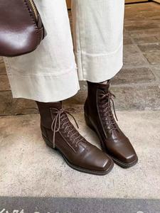 Giày bốt ngắn đế xuồng cao gót vuông mũi vuông da thật buộc dây chống trơn thoải mái kiểu dáng thời trang năm <span class=keywords><strong>2025</strong></span> mới về mùa đông - Product Image 4