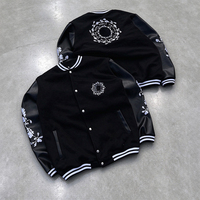 Veste de baseball bomber en laine mélangée noire avec logo personnalisé, broderie florale, manches en simili cuir, streetwear pour hommes