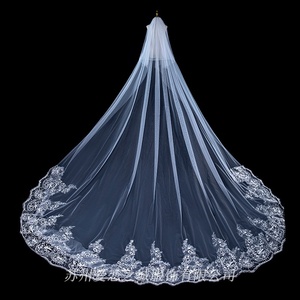 Classic Trendy Sequin Tail One-Layer 300cm 100% Polyester Lace Edge Wedding Veil Embroidered Appliques Decoration Bridal Model - Product Image 5