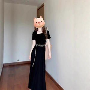 Vestido Largo Estilo Francés Color Gris Claro para Mujer, Cuello Cuadrado, Color Sólido, Uso Diario Informal, Transpirable, Cintura Natural, Poliéster - Product Image 1