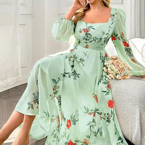 Celure Gaun lengan lentera berlipat, ukuran Plus motif mawar elegan sifon pinggang, cocok untuk Musim Semi dan Gugur, Valentine - Product Image 2