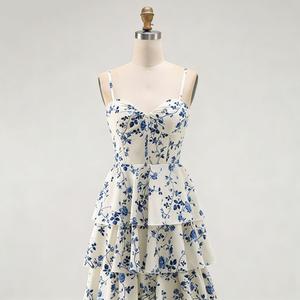 Abito da ballo <span class=keywords><strong>lungo</strong></span> a strati <span class=keywords><strong>blu</strong></span> <span class=keywords><strong>con</strong></span> fiori, <span class=keywords><strong>spacco</strong></span> e schiena scoperta in chiffon floreale <span class=keywords><strong>con</strong></span> spalline sottili per donna - OEM - Product Image 6