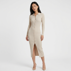 Robe pull en tricot crocheté uni pour femme, manches longues, boutonnée sur le devant, col chemise, moulante, mi-mollet, hiver, mélange de viscose - Product Image 1