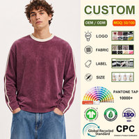 Kaos Oblong Pria Lengan Panjang Custom Print Vintage Washed Loose Tees Streetwear Retro Garis Samping Stone Washed Katun Oversized