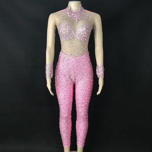 Monos dorados de lujo, <span class=keywords><strong>mono</strong></span> elegante con <span class=keywords><strong>lentejuelas</strong></span> y diamantes, <span class=keywords><strong>mono</strong></span> de malla para mujer, <span class=keywords><strong>mono</strong></span> con diamantes de imitación de cantante - Product Image 3