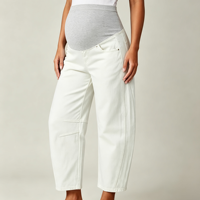 Celana Jeans Hamil Wanita Warna Putih Krem Model Barrel Crop Over Belly Bahan Denim Stretch Gaya Kasual untuk Sehari-hari