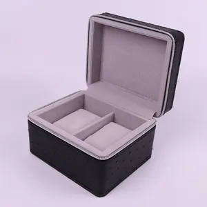 2024 New Style Fashion Black Special PU Leatherette Watch Storage Organizer Case For Travel With Handle 2 Slots