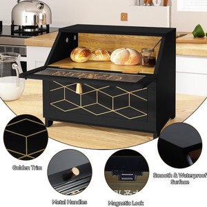 Wooden Bread Box Large Size <b>Kitchen</b> Countertop <b>Storage</b> With Gold Trim <b>Cabinet</b> <b>Corner</b> Organizer - Product Image 2