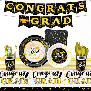 ชุดอุปกรณ์ตกแต่งงานรับปริญญาสีทอง ดำ ขาว ยี่ห้อ DAMAI ประกอบด้วยจานกระดาษ แก้วกระดาษ ผ้าเช็ดปาก ชุดภาชนะสำหรับงานเลี้ยงแบบใช้แล้วทิ้ง - Product Image 2