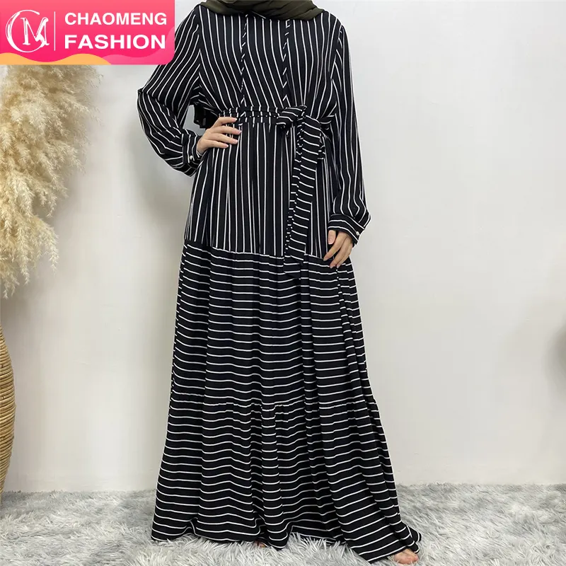 6557# Hoodie abaya dress with side pockets muslim women black white striped loose large hem maxi dresses for summer 2023