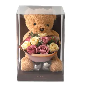 Beautiful soap rose flower bouquet with teddy bear in PVC gift box for Lover's birthday Valentine's day