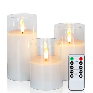 纯白蜡透明玻璃无焰蜡烛电池供电带定时器遥控器的发光二极管柱蜡烛