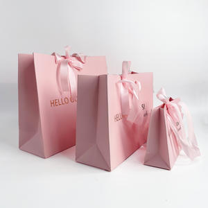 Premium <b>Pink</b> <b>Gift</b> Paper <b>Bags</b> Gold Foil Printed with Ribbon Handles & Bows for Luxury Retail & Boutique Packaging - Product Image 3