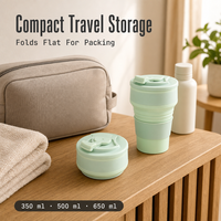 Gobelet de voyage pliable en silicone avec couvercle, options 650 ml, 500 ml et 350 ml, design compact pliable