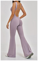 Combinaison de yoga extensible pour femme, coupe haute, col en U, pantalon évasé, pour la gym, la course, la danse, l'entraînement, tenue de sport avec effet froncé aux fesses