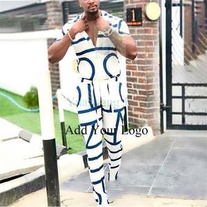 Impresso Camisa dos homens novos 2 Conjuntos de Camisa de Manga Curta + Calças Set Collar Slim Fit Terno Desgaste dos homens Tops Camisas - Product Image 4