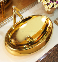 Lavabo en céramique doré pour salle de bain, lavabo sanitaire plaqué or