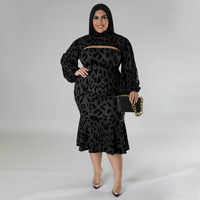 Arrivées d'automne automne haute qualité à manches longues imprimé léopard coupe ajustée col montant à volants grande taille robe pour femme