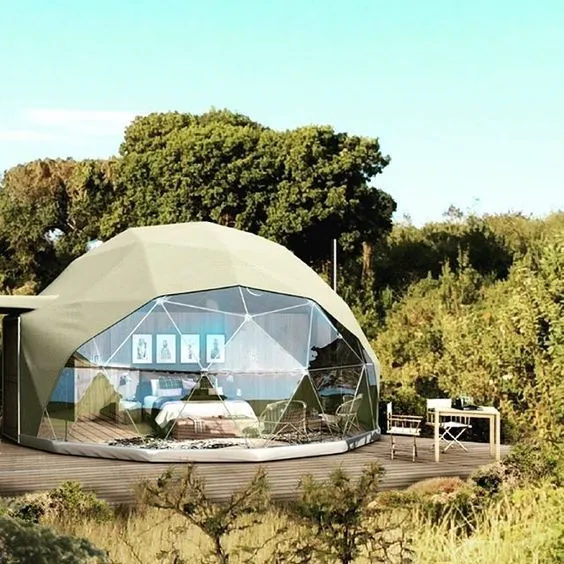 خيمة قبة جيوديسية مخصصة 6M 7M 8M في الهواء الطلق خيمة فاخرة PVC للمنتجع والفندق والمنزل خيمة قبة للبيع