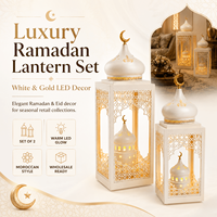 Ensemble de lanternes de Ramadan en or blanc avec lumière LED, décoration islamique marocaine pour la maison, pour le festival de l'Eid, vente en gros