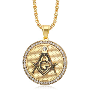 Collar con Colgante <span class=keywords><strong>de</strong></span> Medallón Redondo con Símbolo AG <span class=keywords><strong>de</strong></span> Masón, Joyería Fina para <span class=keywords><strong>Caballero</strong></span> Religioso, Adornado con Pedrería Brillante - Product Image 2