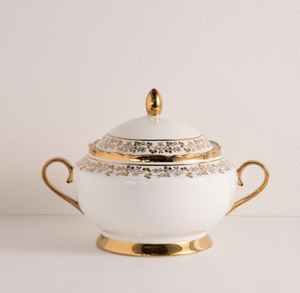 Vajilla y Juego de Té de Porcelana Fina, Color Blanco con Diseño Floral Dorado, Borde Festoneado, Plato, Tazón, Tetera, Regalo para Bodas y Hoteles - Product Image 3