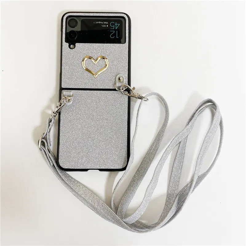 Custodia per telefono in pelle PU Glitter Bling 3D Love Heart di lusso per Samsung Galaxy Z Flip 3 Z Flip4 5G cordino per spalla Fold3 Fold3 fol4