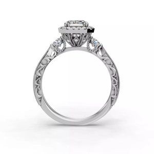 Anillo de Compromiso de Oro Blanco de 14K con Diamante Cultivado en Laboratorio de Corte Esmeralda, Doble Halo, Detalles Milgrain y Banda de Filigrana Ornamentada - Product Image 3