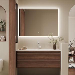 <span class=keywords><strong>Mueble</strong></span> de Baño Moderno Personalizado de Estilo Retro <span class=keywords><strong>con</strong></span> Encimera de Madera Maciza Color Café, Lavabo de Una Pieza Curvado en Caliente y Espejo - Product Image 3