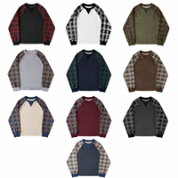 T-shirts gaufrés à col rond en coton 100% 220 GSM avec design à points en V, impression DTG graphique à carreaux personnalisée, manches longues raglan, collection automne