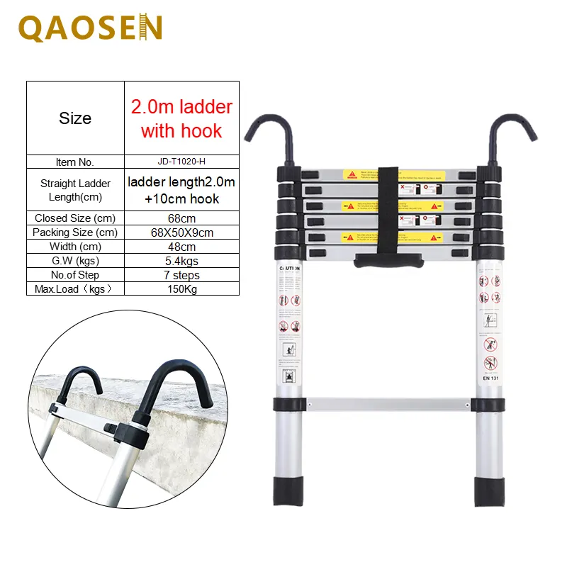 新しいデザイン2.0mシングル伸縮式はしごシルバー工業用屋外アルミニウム階段7ステップ無料スペアパーツはしごフック付き