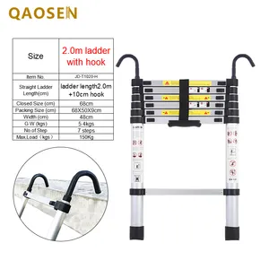 New Design 2.0m Single Telescopic Ladder Silver Industrial Outdoor Aluminum Stairs 7 Steps Free Spare Parts Ladder with Hook