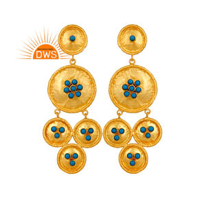 ต่างหูพลอยเทอร์ควอยซ์ธรรมชาติ ชุบทองคำขาว 22k แบบด้าน เงินแท้ 925 ต่างหูทรงแชนเดอเลียร์ ผู้จำหน่ายเครื่องประดับ - Product Image 1