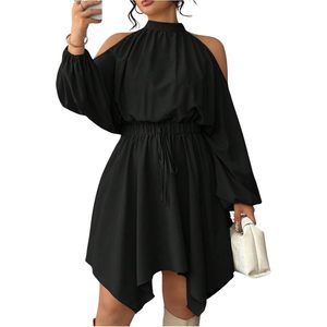 Women's Plus Size Cold Shoulder <b>Dress</b> Mock Neck Long Sleeve A Line Flowy Vacation Short <b>Dress</b> <b>Elastic</b> Waist Asymmetrical Hem - Product Image 1