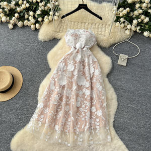 Dress Prom wanita, gaun pakaian 3D bordir bunga setengah panjang untuk wanita Midi tanpa tali sulaman renda - Product Image 2