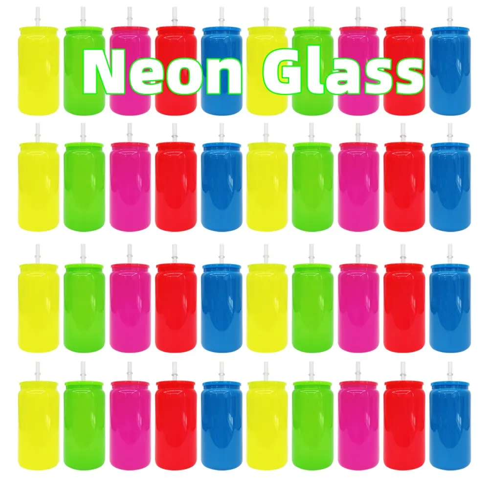 USA warehouse 16oz 16 oz Blank Sublimation Neon Glass Can With Plastic Lid And Straw Bright Color Single Wall Beer Glass