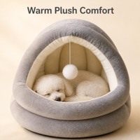 Lit pour chat semi-fermé style igloo, en peluche grise, avec jouet pompon suspendu, nid douillet et chaud pour animaux de compagnie, vente en gros