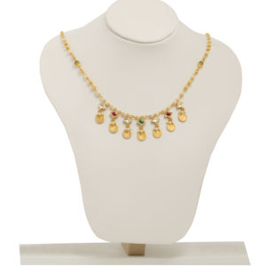 Traditional gold plated coin necklace with pearl chain red green <b>stone</b> accents Indian ethnic temple jewelry for women - Product Image 1