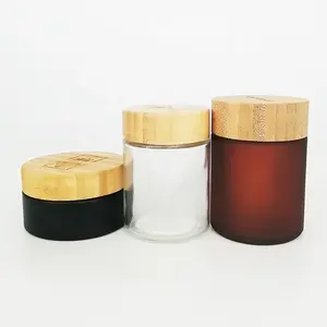 Toples Kaca Kosmetik Bentuk Bulat Berkualitas dengan Tutup Kayu Bambu Alami Amber Kaleng Krim Kosmetik