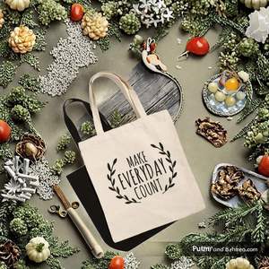 Natural Recycled Organic Cotton <b>Large</b> Reusable Shopping Tote Bag Shoulder Closure Custom <b>Canvas</b> Hand Length Handle Letter Design - Product Image 3