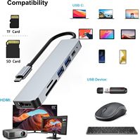 Adaptador de Carga de Aleación de Aluminio 6 en 1 Tipo C HDTV 4K/SD/TF, Lector de Tarjetas USB 3.0 y USB 2.0, Conexión USB-C 100W para Computadora a Pantalla