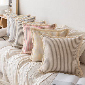 New Cotton Linen <b>Striped</b> Throw Pillow Square <b>Cushion</b> With Tassel Trim For Sofa Bed Decorative Pillowcase Home Decoration - Product Image 2