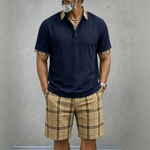 Ensemble décontracté <span class=keywords><strong>chic</strong></span> deux pièces <span class=keywords><strong>pour</strong></span> <span class=keywords><strong>homme</strong></span>, nouveau polo et short à carreaux, style transfrontalier Europe-Amérique, 100 % fibre de bambou - Product Image 2