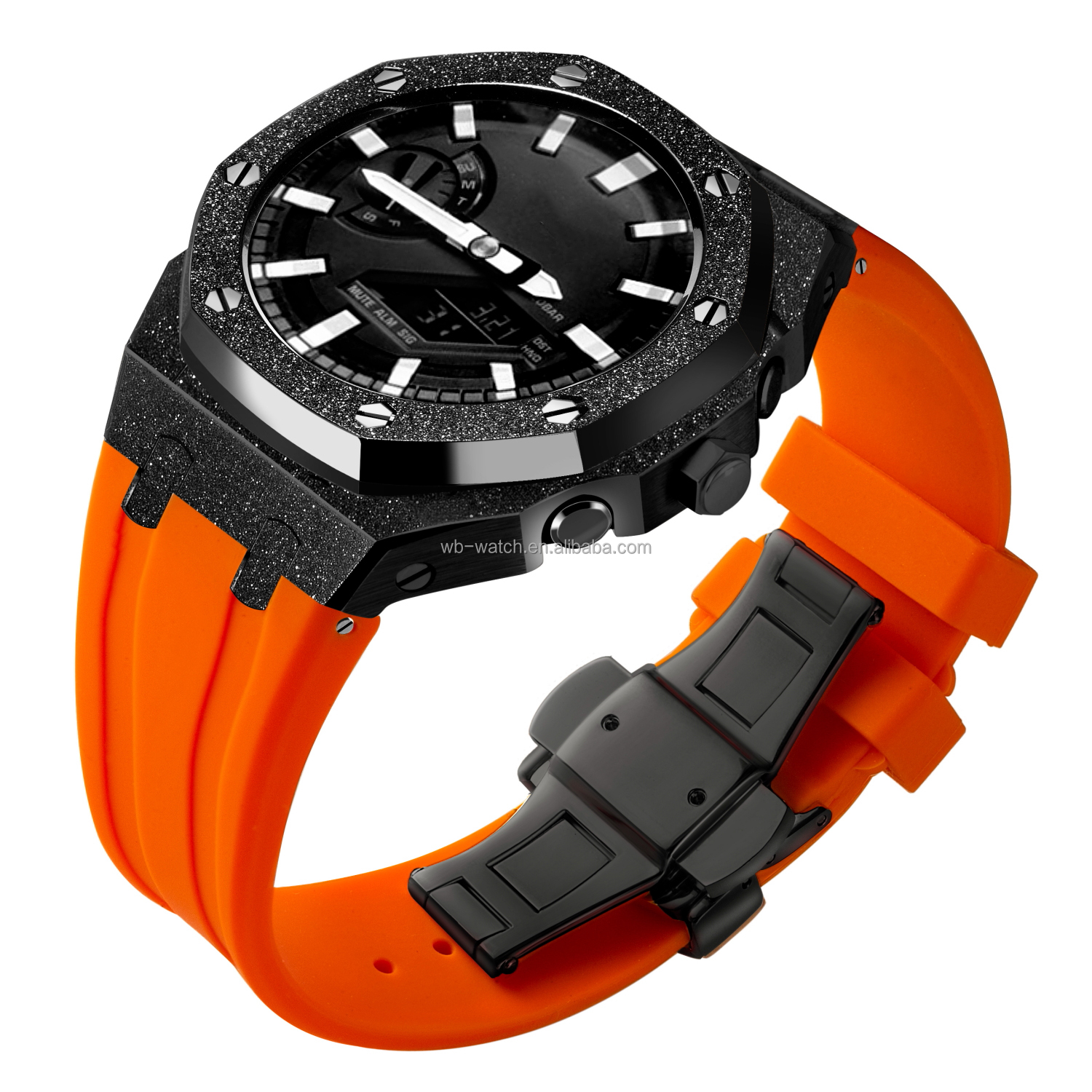 Boîtier noir givré + bracelet en silicone orange