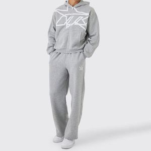 Sweat-shirt à capuche gris chiné avec motif étoile abstrait et fermeture éclair intégrale, pantalon de survêtement large à motif rétro, ensemble de survêtement deux pièces personnalisé pour homme - Product Image 1
