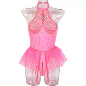 Combinaison sexy en dentelle et maille tricotée chevronnée Spandex/Nylon, avec décolleté halter, style lingerie, jupe tutu, porte-jarretelles et jupe évasée, amovible, taille moyenne - Product Image 6